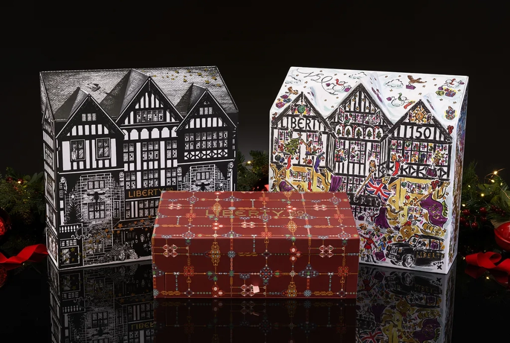 Liberty 2025 150th anniversary beauty advent calendar, mens beauty advent calendar and jewellery advent calendar packaging