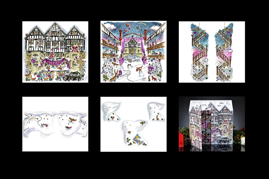 Creative artwork showing hand‑drawn illustrations and final packaging outcome